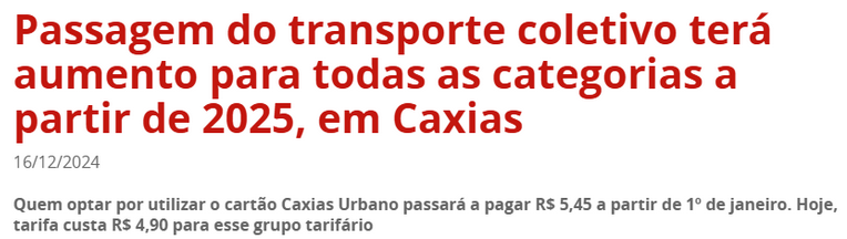 Aumento na tarifa de Caxias do Sul